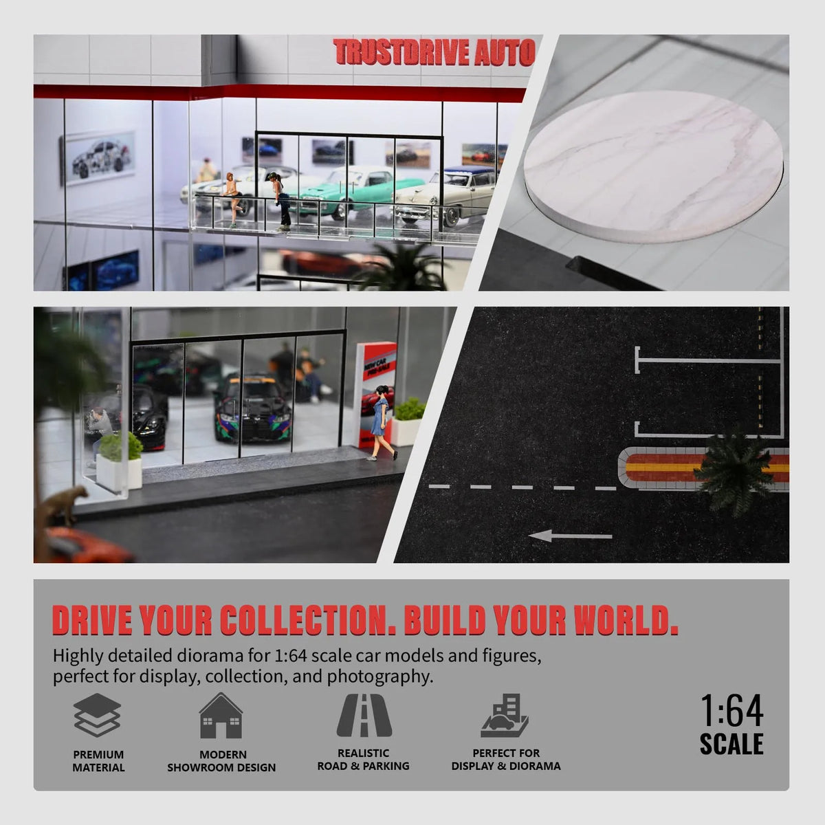 A detailed diorama showing a two-story showroom and parking garage display case for 1:64 scale car models.
