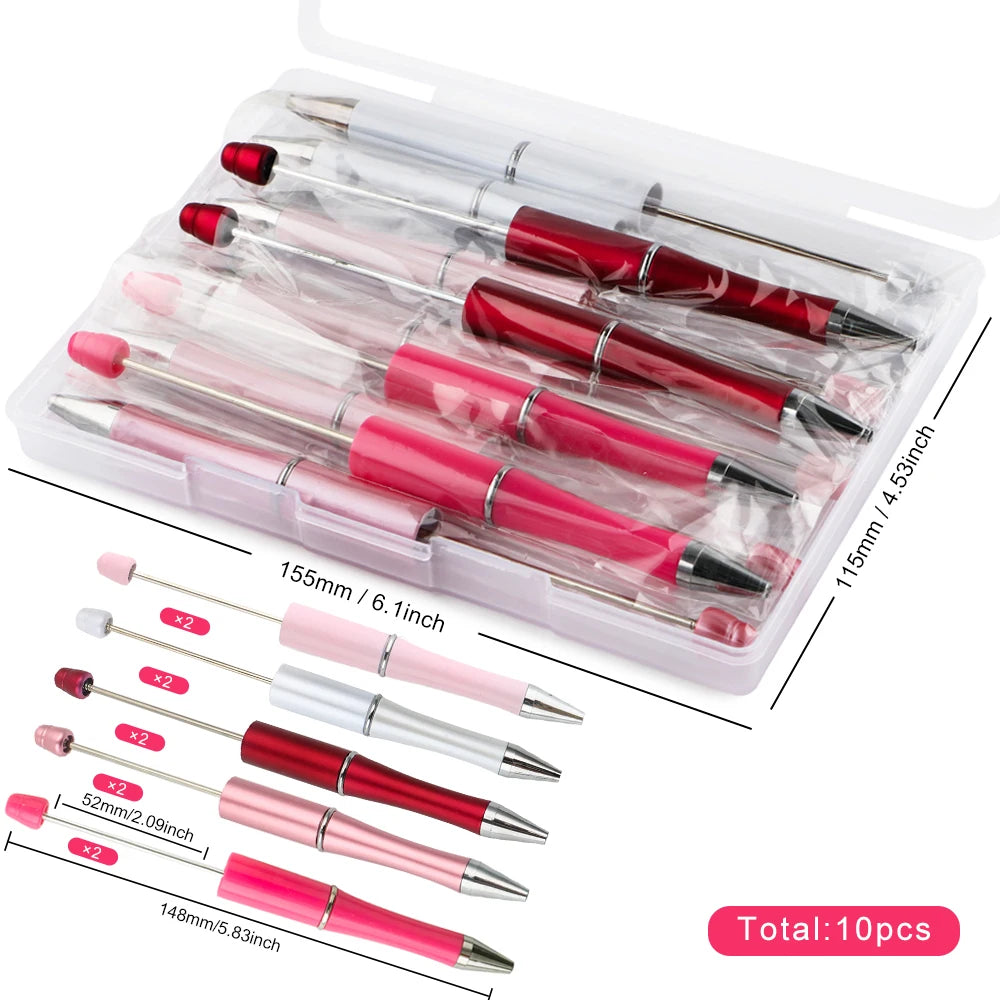 A clear plastic kit containing ten DIY beaded ballpoint pens in various colors and sizes.