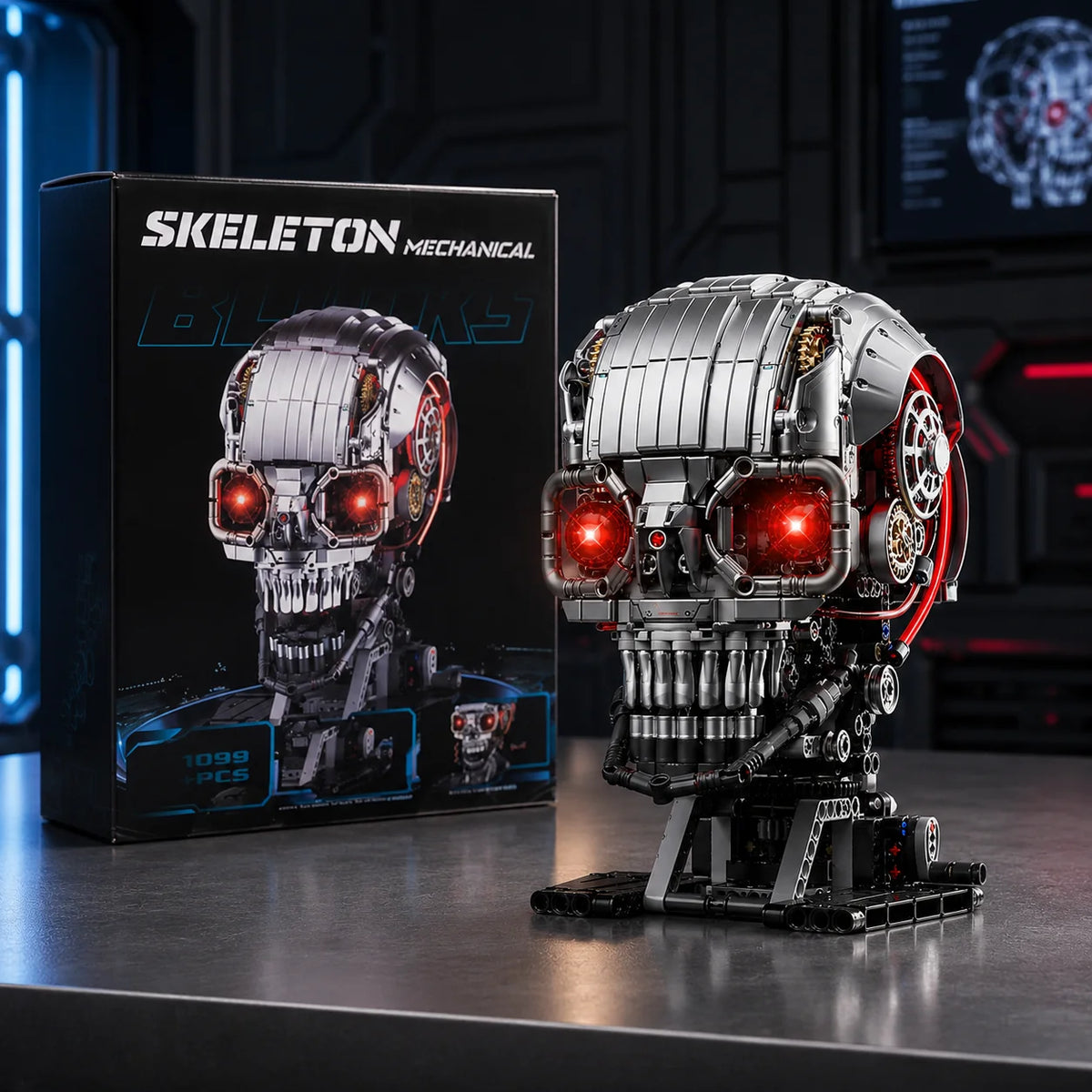 A detailed mechanical skeleton head building kit with LED lights displayed on a dark surface.