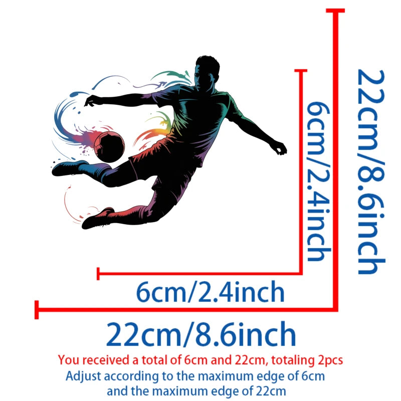 Iron-on patches featuring a soccer ball splash design, showing the size of 6cm and 22cm edges.