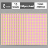 A sheet of round, pink self-adhesive dot labels is shown, with a total quantity of 3900 pieces across 15 sheets.