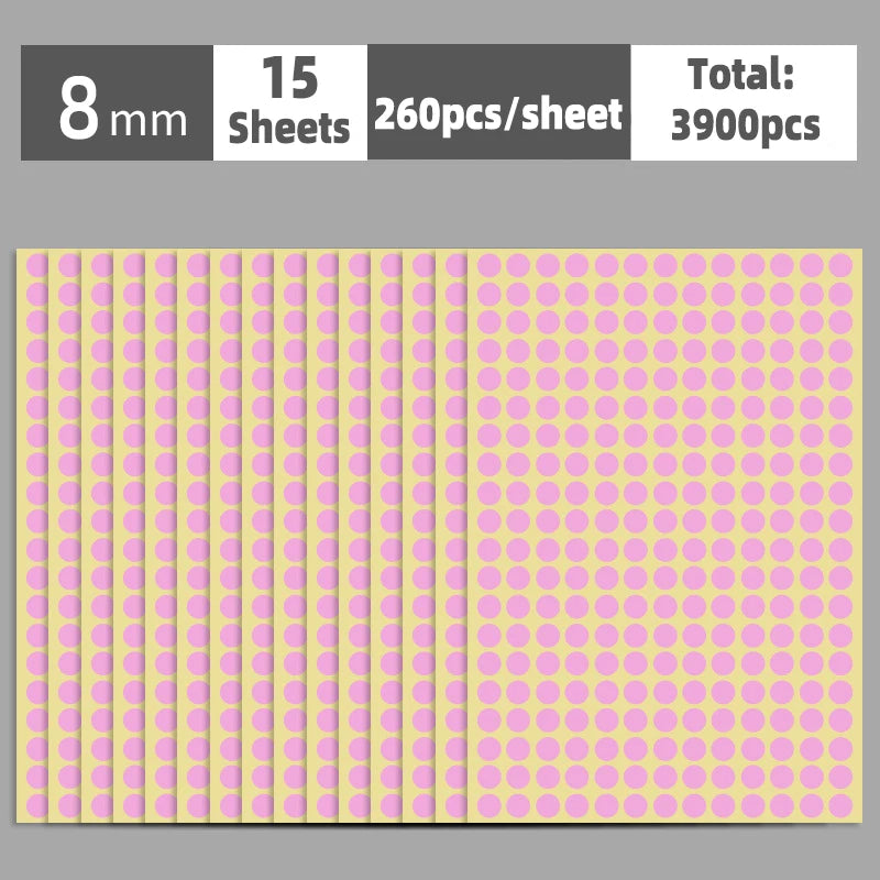 A sheet of round, pink self-adhesive dot labels is shown, with a total quantity of 3900 pieces across 15 sheets.