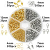 A circular organizer case holding various gold and silver jewelry findings like rings, jump rings, and clasps.