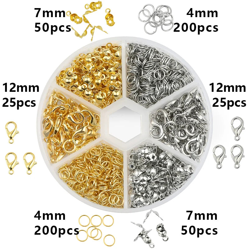 A circular organizer case holding various gold and silver jewelry findings like rings, jump rings, and clasps.
