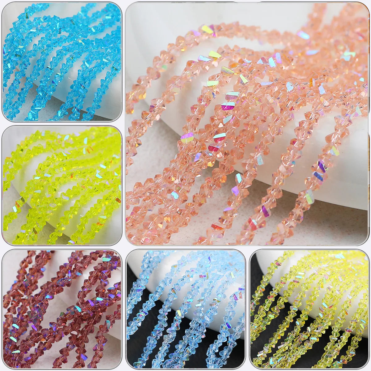 Assortment of 3mm crystal triangle beads in various colors including blue, pink, and yellow.