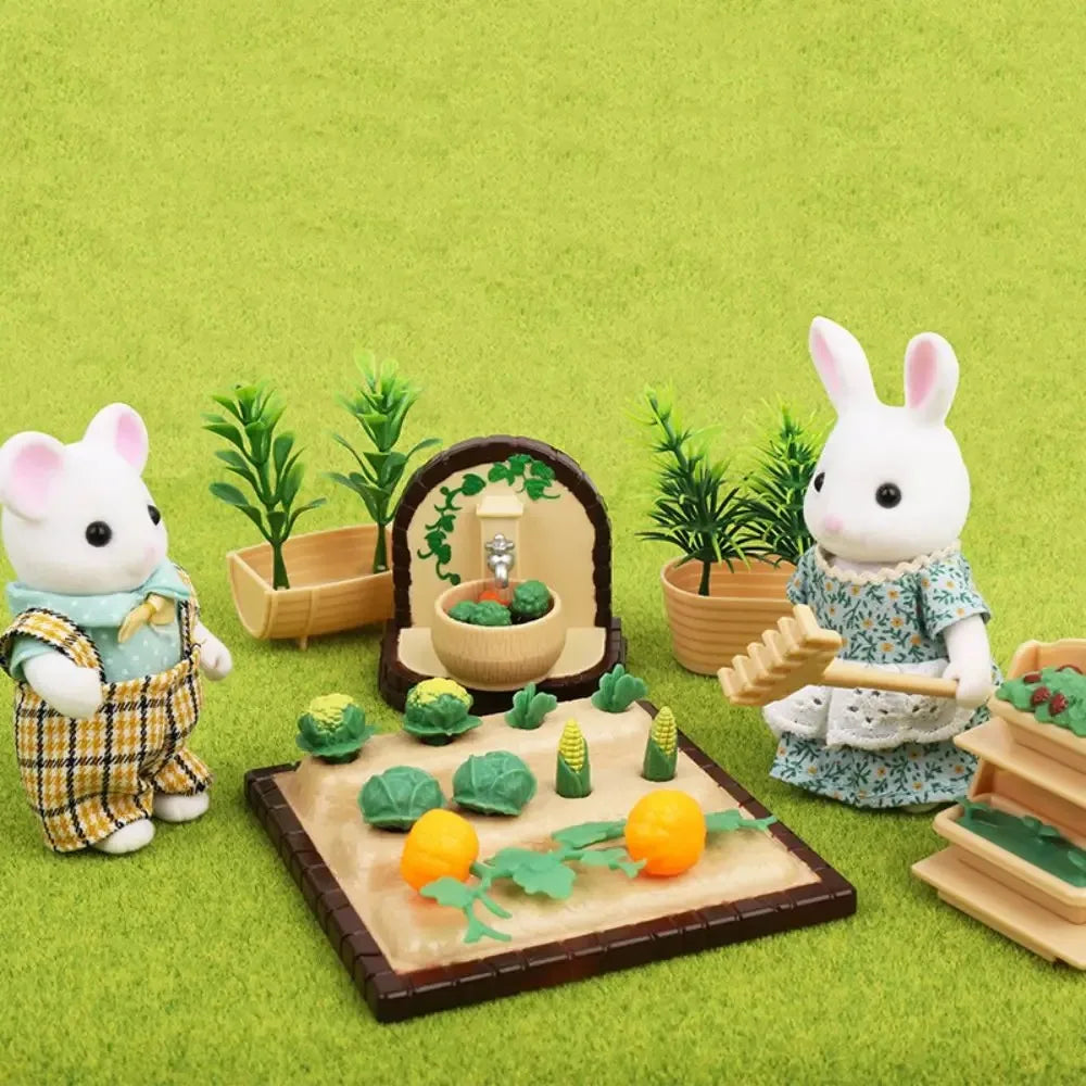 A set of forest animal miniature dolls and furniture arranged on a green grassy surface.