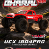 A red 1:18 scale rock crawler RC vehicle with four-wheel steering components.