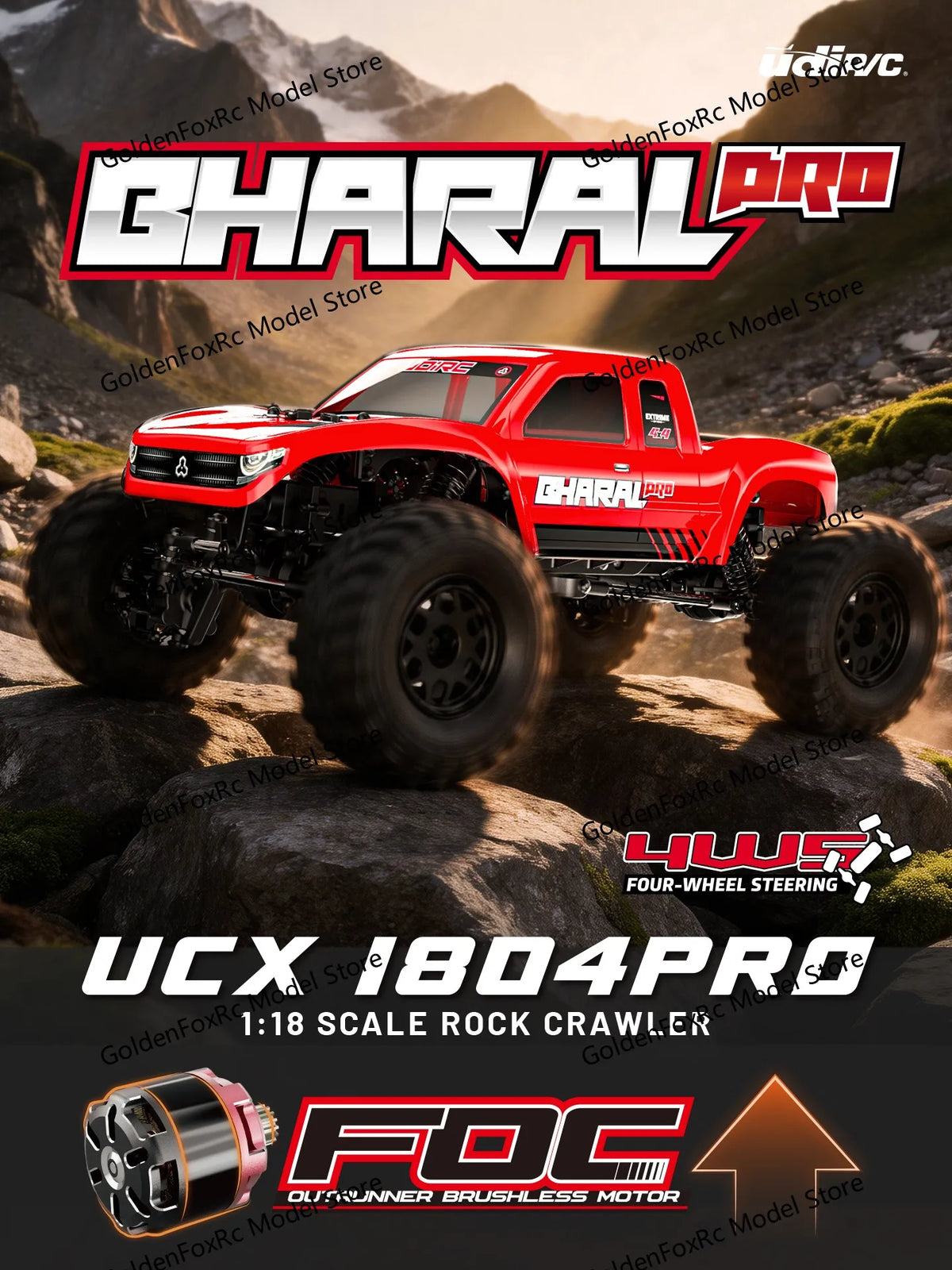 A red 1:18 scale rock crawler RC vehicle with four-wheel steering components.