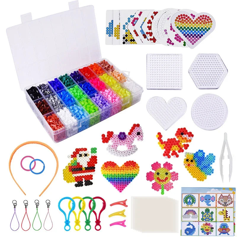 A collection of 2000 mini bead sets with templates and keychain accessories in various colors and shapes.