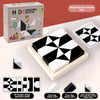 A box of Hide Building Blocks and several geometric puzzle cards including black and white shapes displayed on a wooden tray