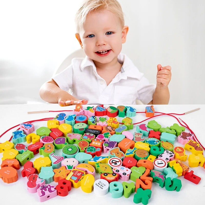 Wooden Animal & Fruit Threading Beads Set for Toddlers