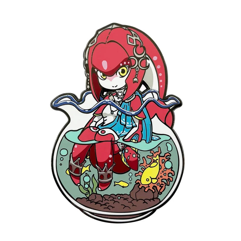 An enamel pin featuring a stylized red-haired cartoon character with large eyes and flowing hair.