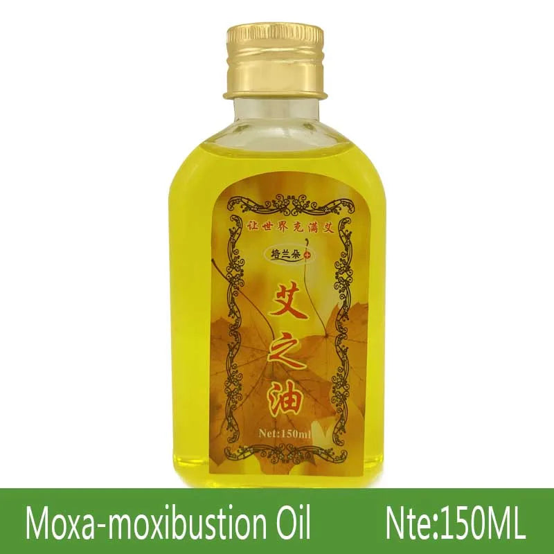 A clear glass bottle of Moxa-moxibustion oil with a gold cap and yellow liquid inside.