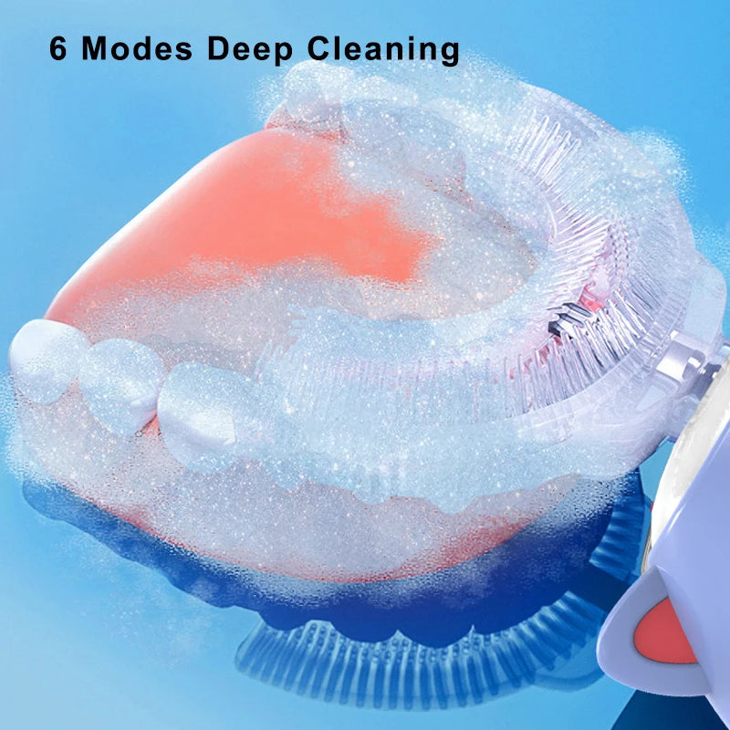 A white U-shaped sonic electric toothbrush is shown cleaning teeth with a blue light and water spray.