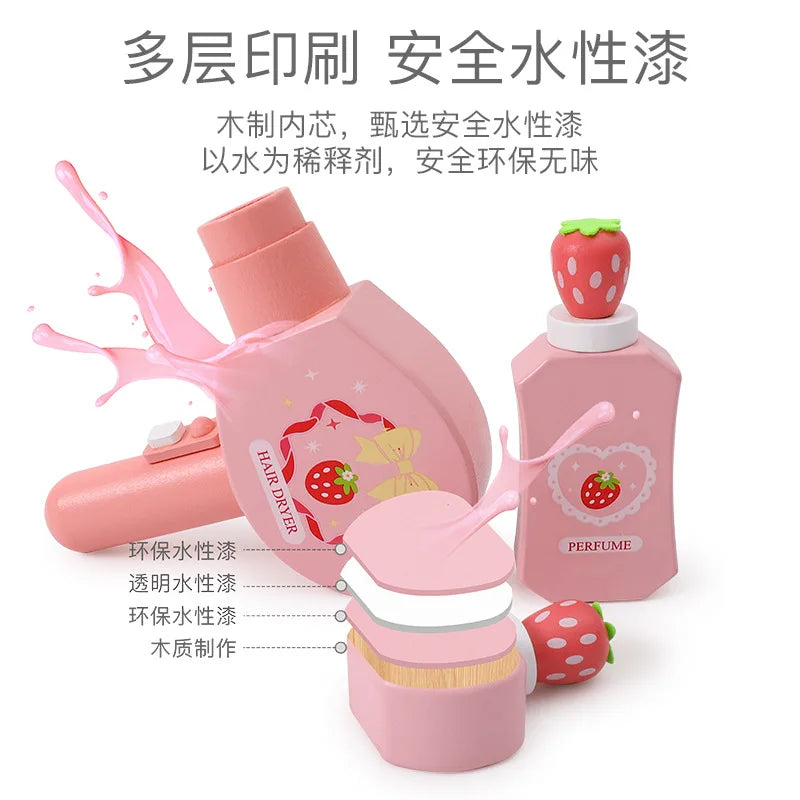 Wooden Pretend Play Makeup Set with Dressing Table & Makeup Bag