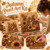 A woman is painting a detailed autumn scene using a pearl art kit with various beads and paints.