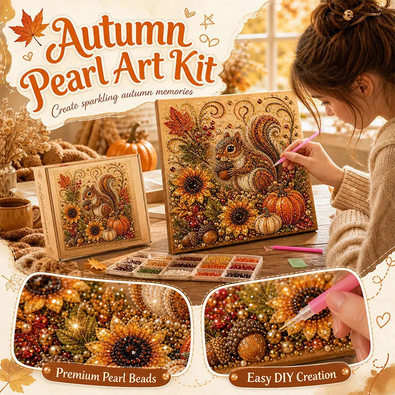 A woman is painting a detailed autumn scene using a pearl art kit with various beads and paints.