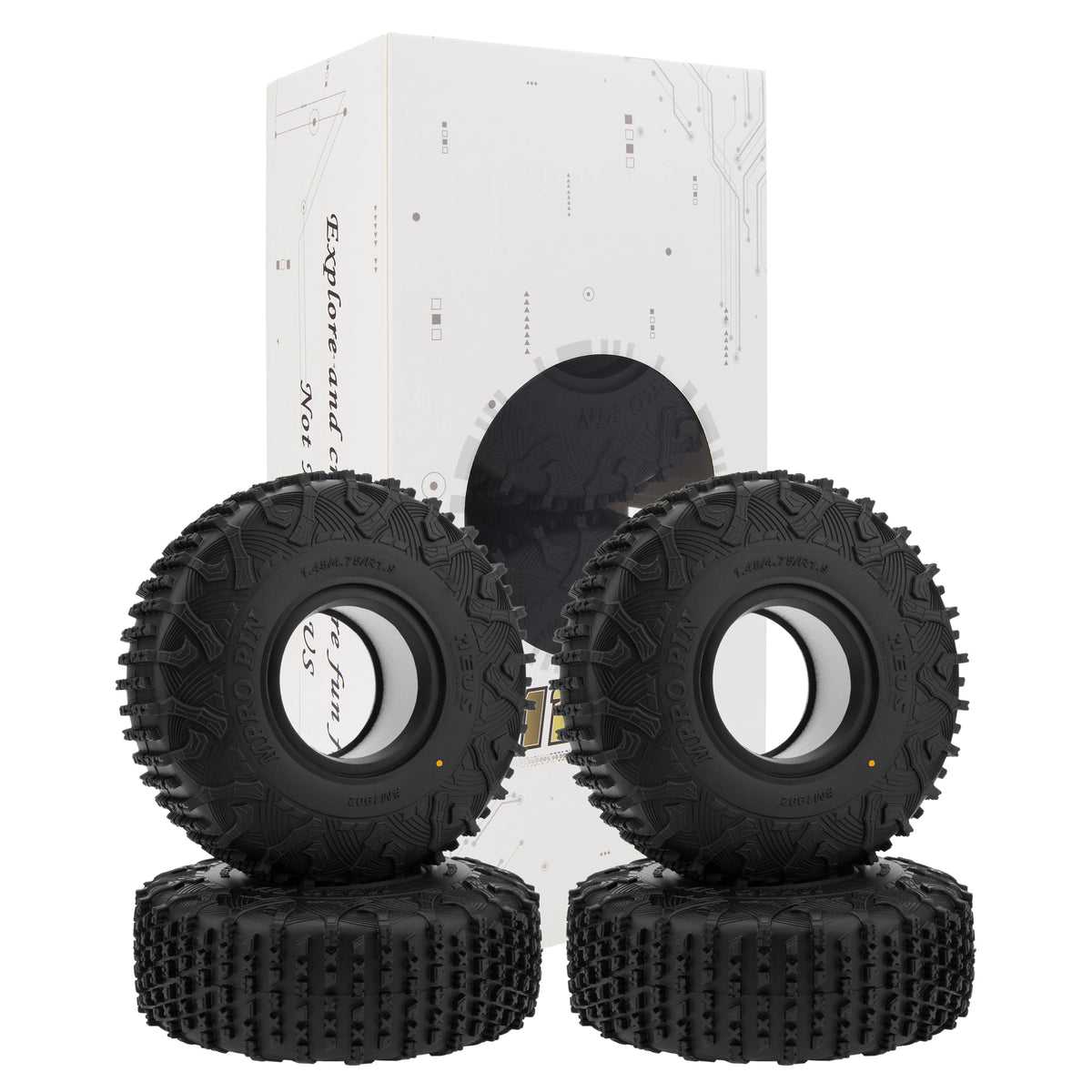A box containing four black Super Bouncer 1.9 crawler tires stacked on top of each other.