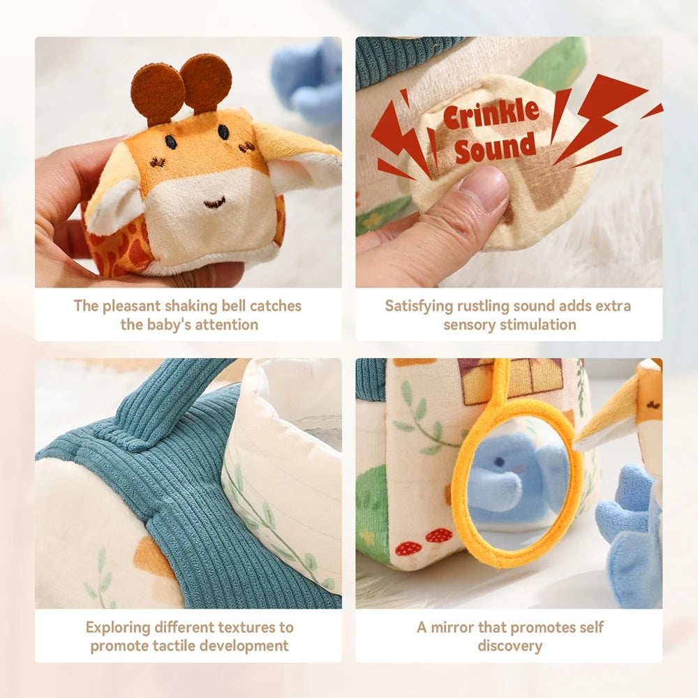 Montessori soft fabric tissue box sensory toy showing various textures and sounds for baby development