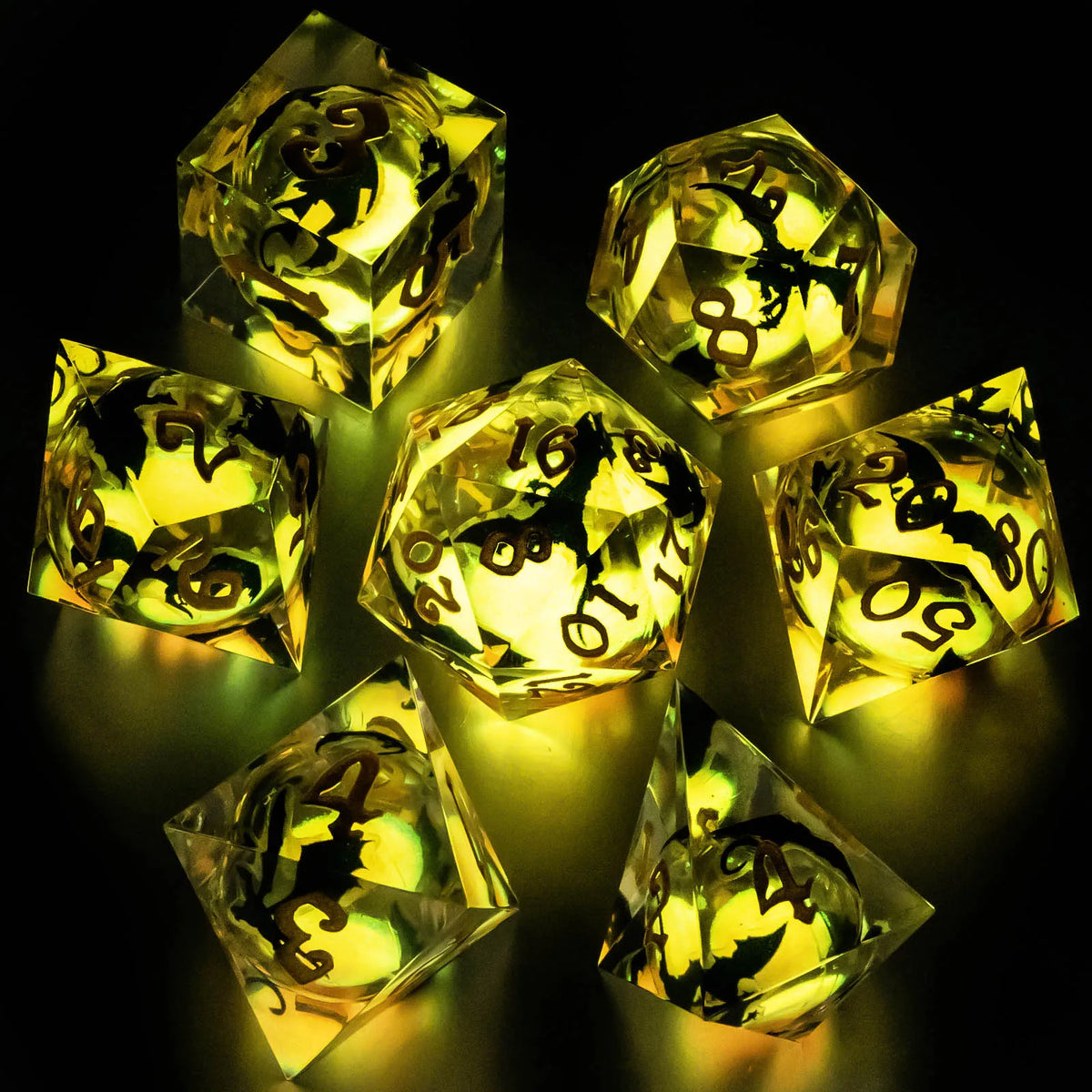 Liquid Core Glow D&D Dice Set with Sharp Edges