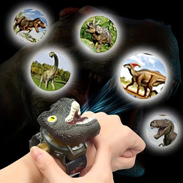 A hand holds a Jurassic dinosaur projection flip watch in front of a large dinosaur-themed backdrop.