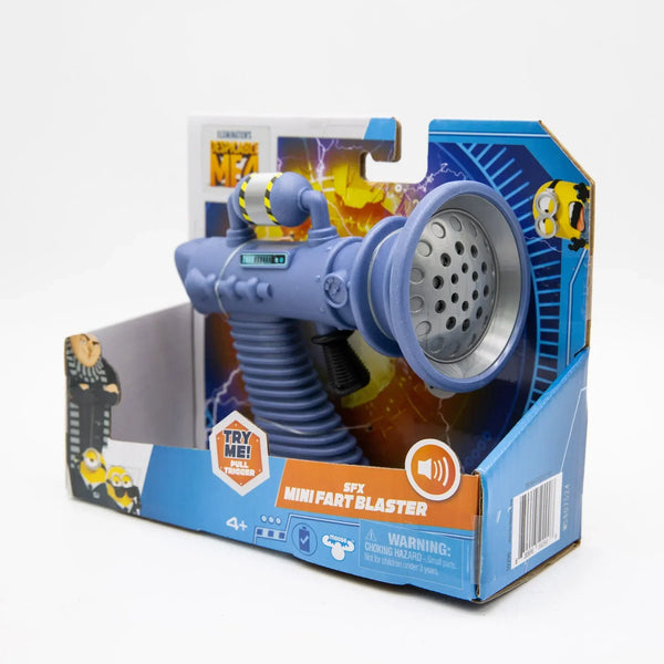 A Minions Fart Blaster toy in its packaging, showing a purple blaster with a silver barrel and yellow accents.