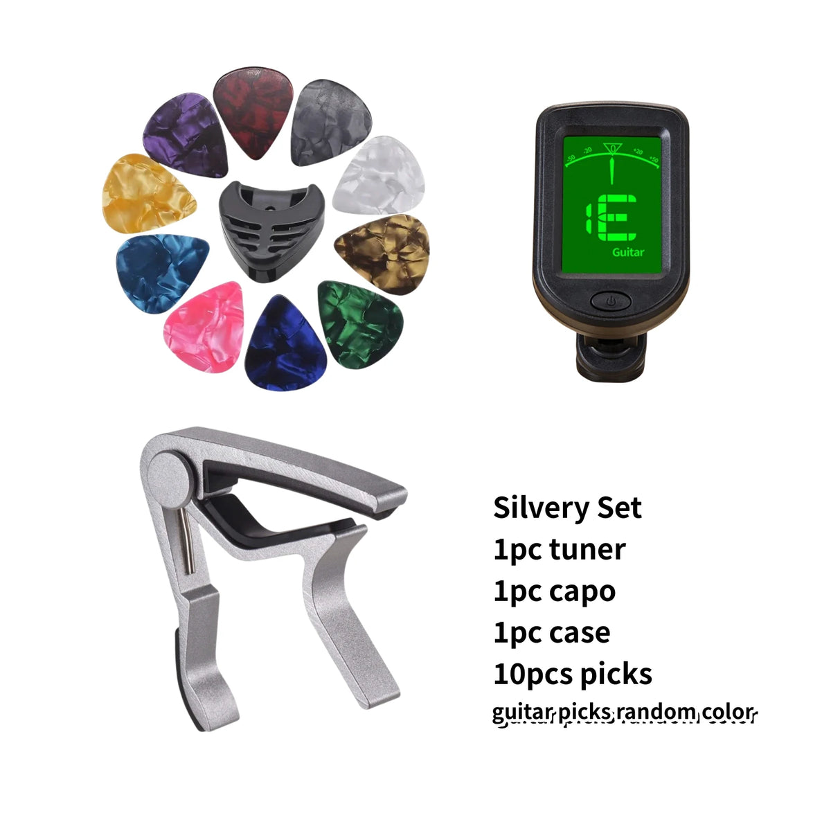 Silvery set guitar accessory kit including a tuner, capo, case, and ten picks