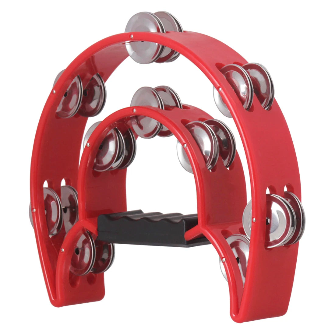 A red double-layer tambourine for kids with silver jingles, shown from the side.