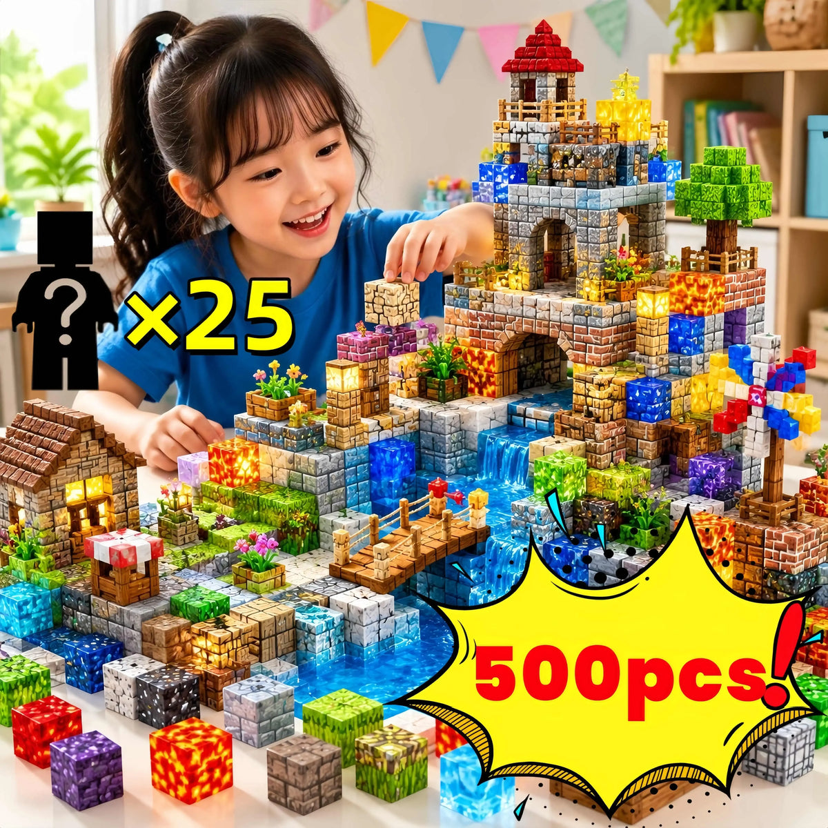A smiling girl is building a large medieval castle model using colorful magnetic building cubes and bricks.