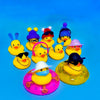 A collection of yellow rubber duck toys wearing various accessories like sunglasses, hats, and other items against a blue bac
