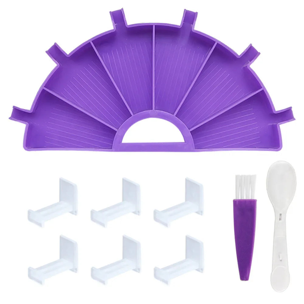 Purple 6-compartment diamond painting organizer tray with a pen and multiple white plastic inserts