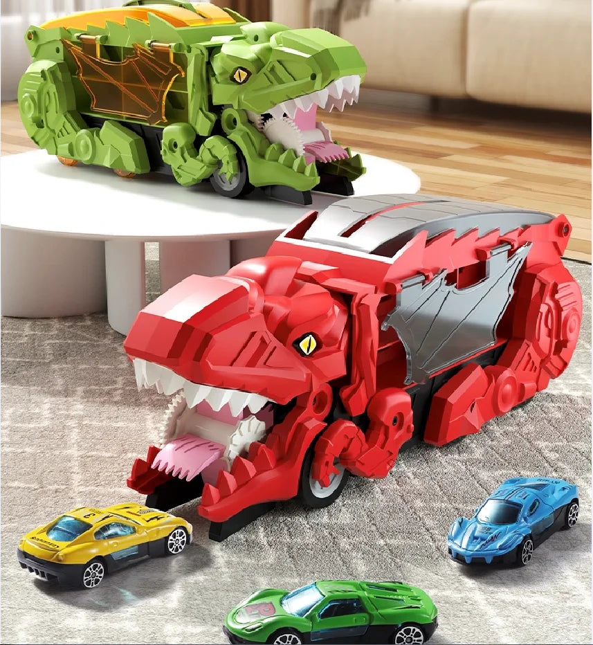 A red T-Rex dinosaur toy with sliding features and storage, alongside smaller green and blue cars.