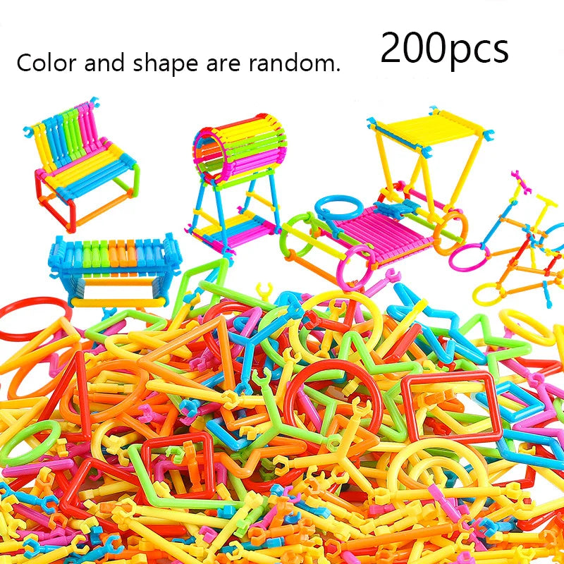 A pile of colorful, random-shaped wooden and plastic stick building blocks for creative DIY projects.