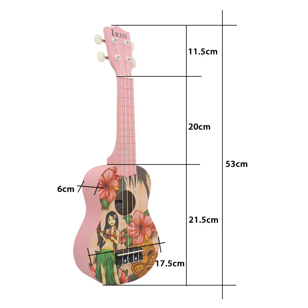 Pink ukulele with a Hawaiian floral design and wooden body, shown in a side profile.