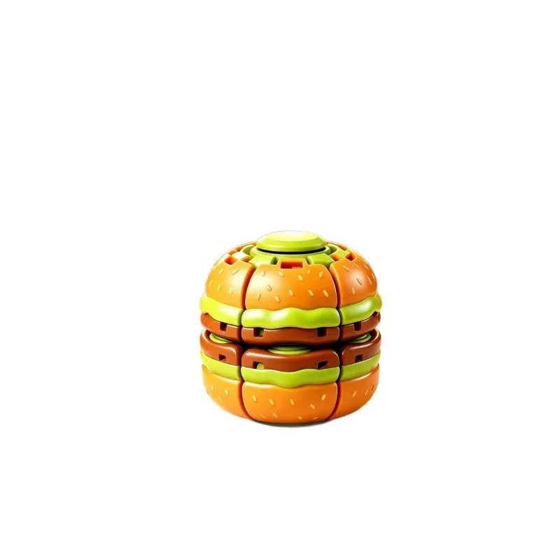 An orange, burger-shaped stress relief toy with a spinner mechanism.