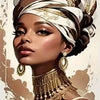 A portrait of an African woman with intricate head wrap and gold jewelry, suitable for a diamond painting kit.