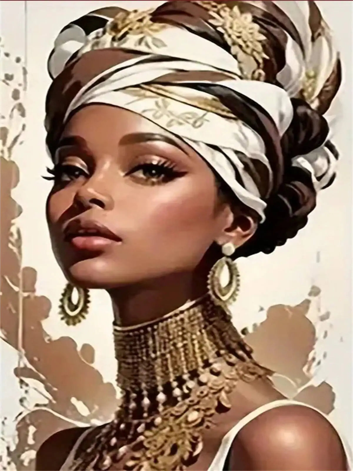 A portrait of an African woman with intricate head wrap and gold jewelry, suitable for a diamond painting kit.