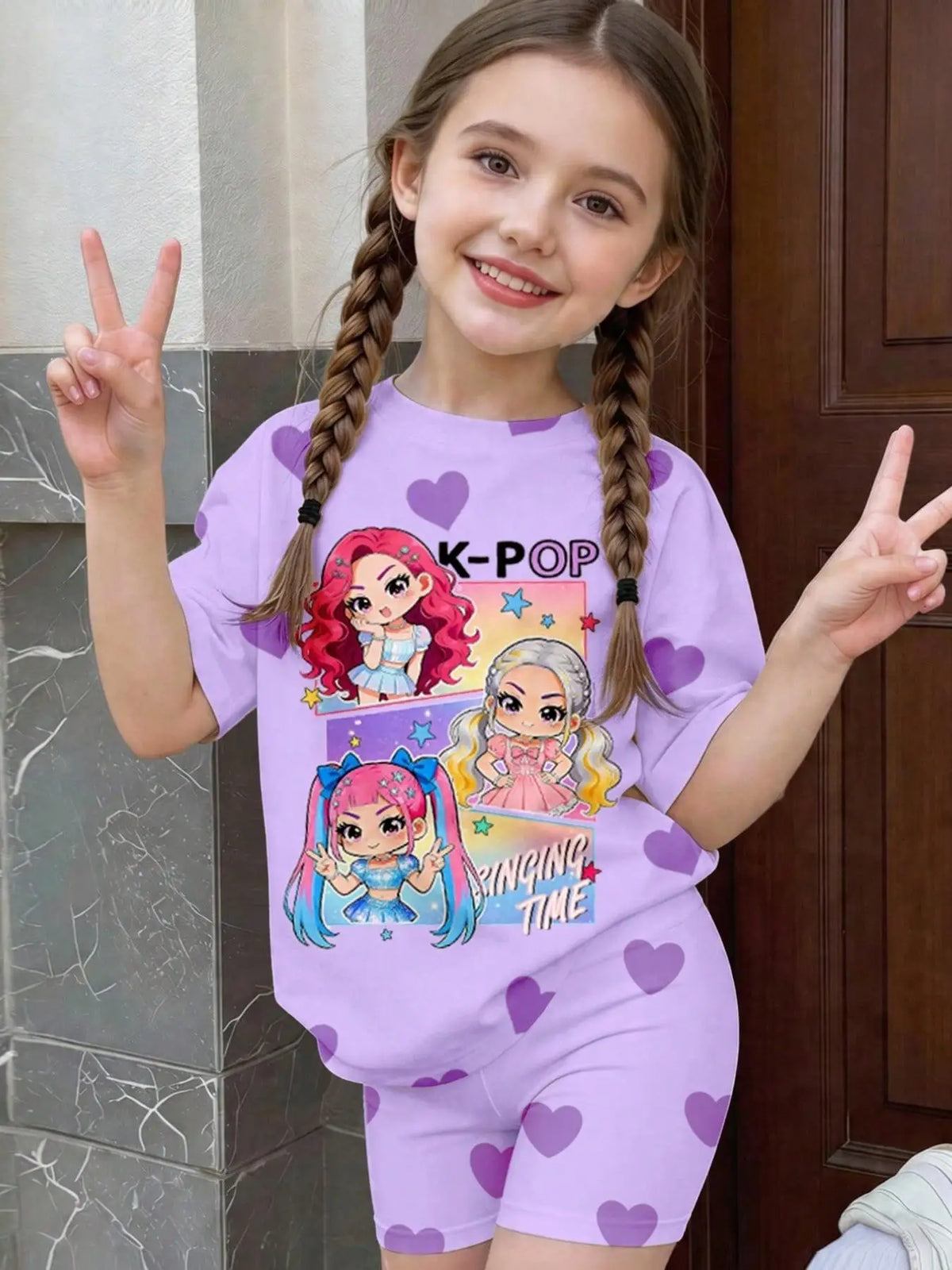 A young girl models a lavender t-shirt and shorts featuring a K-Pop design with heart prints.