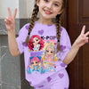 A young girl models a lavender t-shirt and shorts featuring a K-Pop design and heart print.
