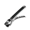 A silver metal tong with a black non-slip silicone grip used for gripping kitchen items.