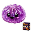 A purple squishy stress ball toy with a sparkly texture and black eyes.