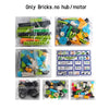 A collection of various building blocks and pieces for a STEM programming set.
