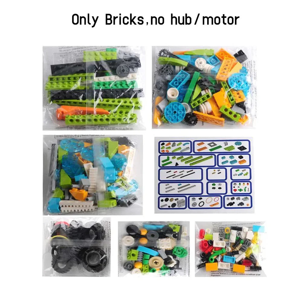 A collection of various building blocks and pieces for a STEM programming set.