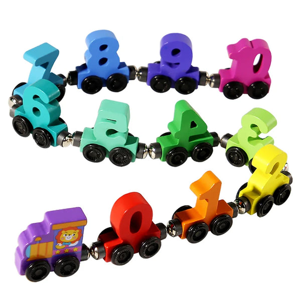 A set of colorful magnetic wooden train building blocks in various colors and shapes.