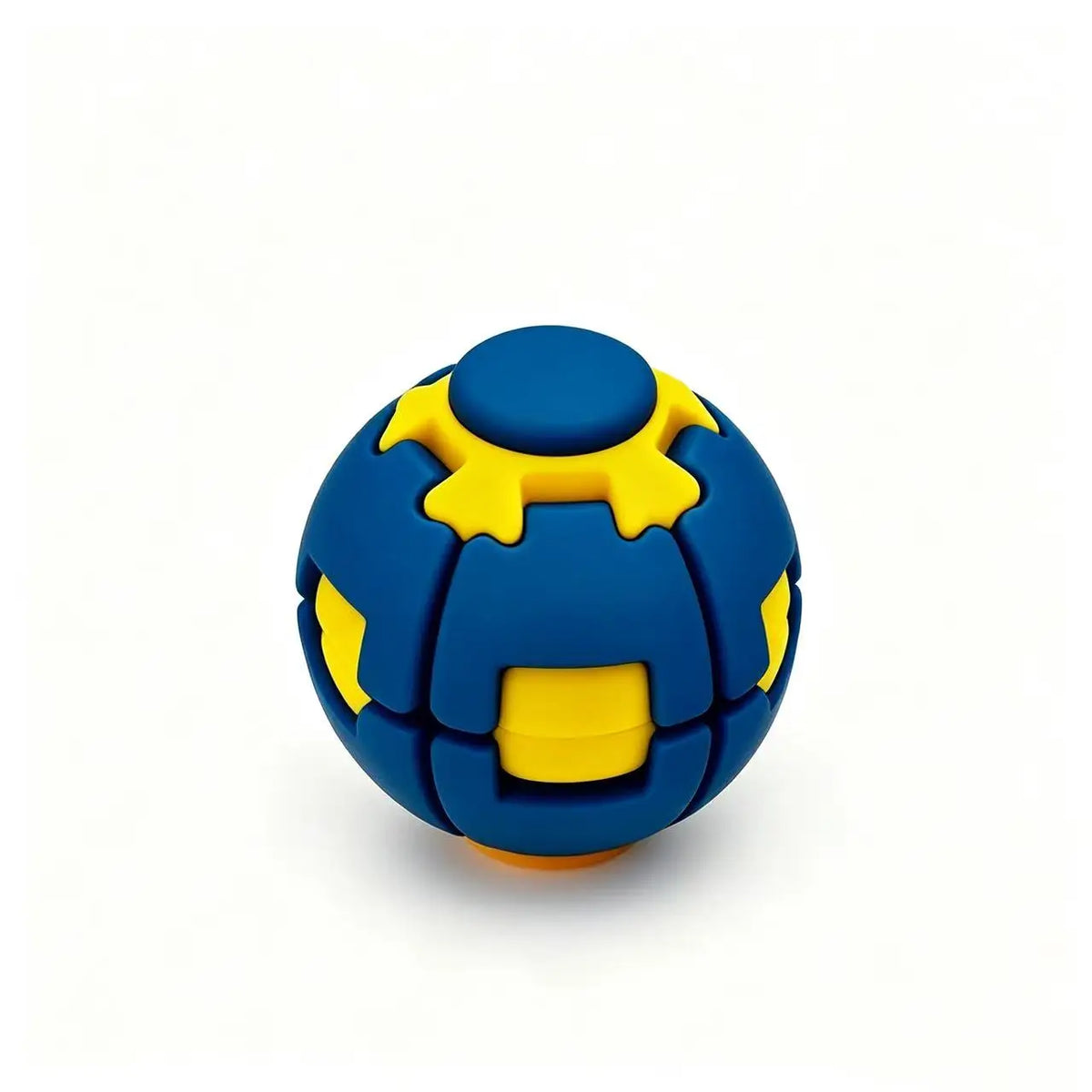 A blue and yellow fidget spinner ball with a textured surface.