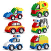A set of colorful construction vehicle building blocks including a yellow Octan truck and other vehicles.