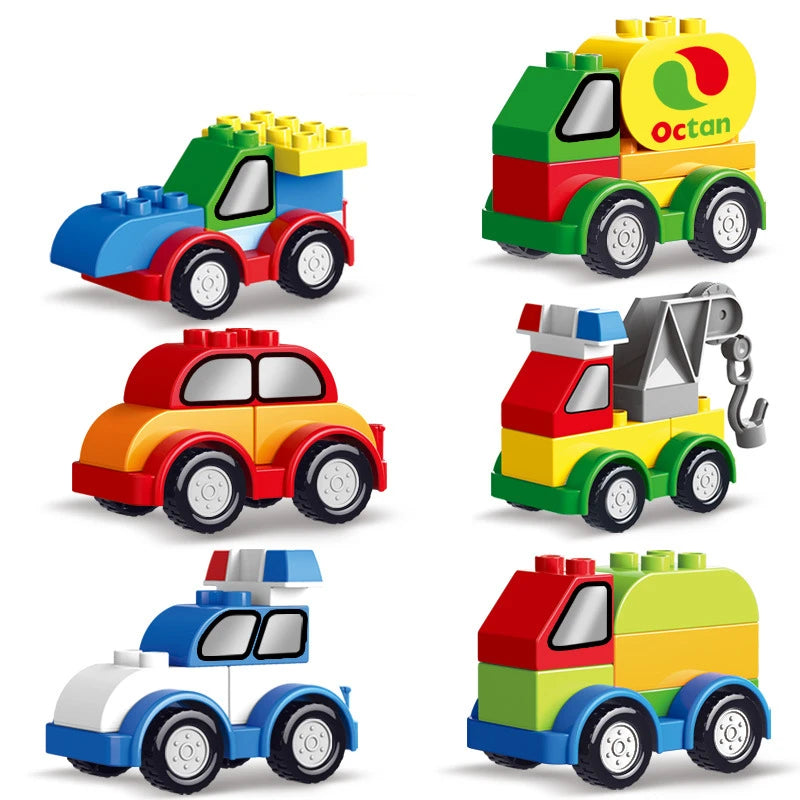 A set of colorful construction vehicle building blocks including a yellow Octan truck and other vehicles.