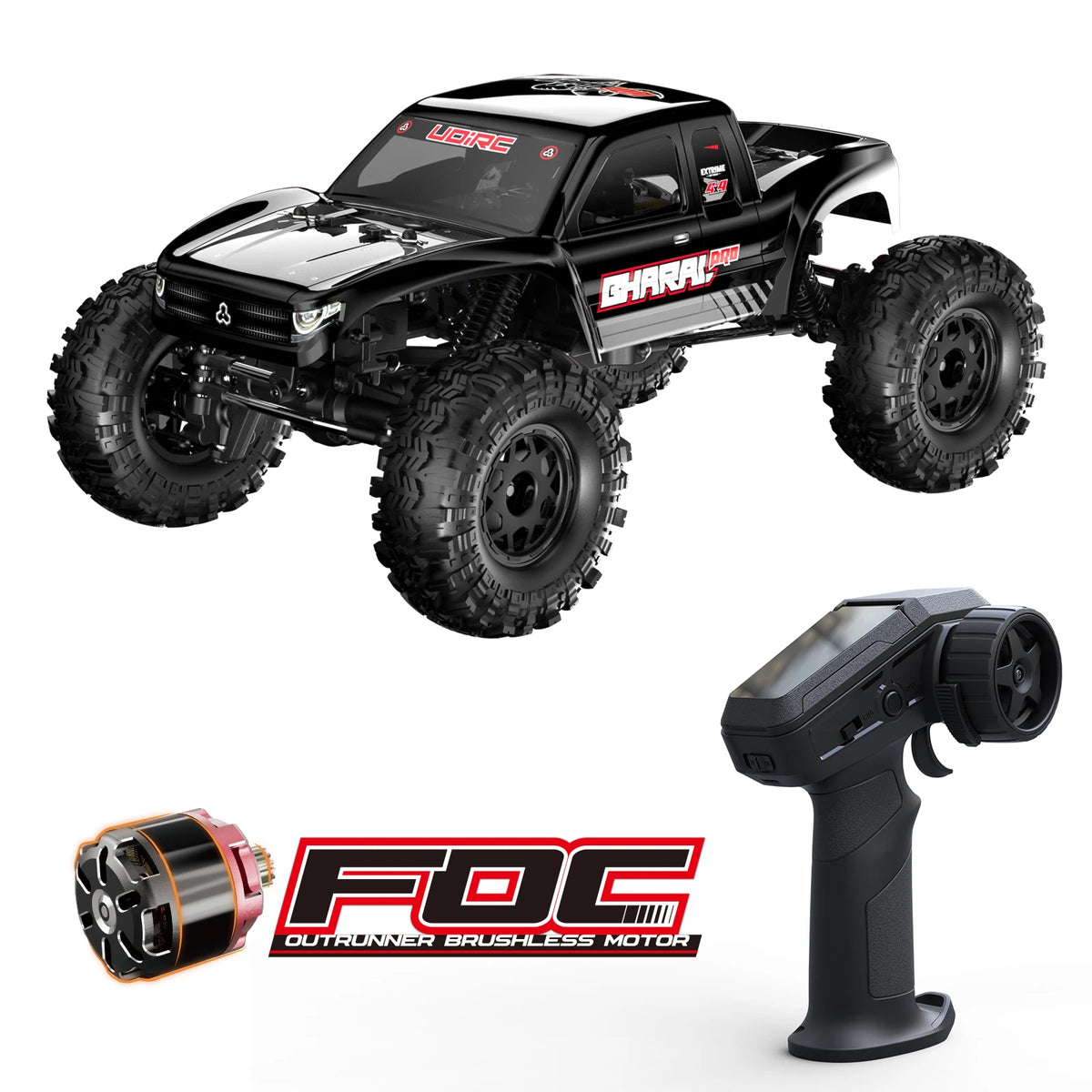 A black 1:18 scale RC rock crawler with four-wheel steering and an attached brushless motor.