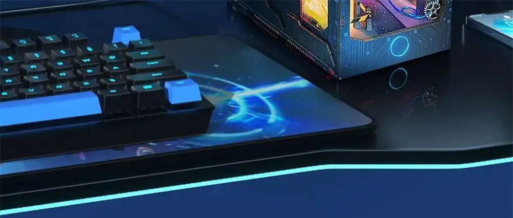 A close-up of a DIY wooden book nook kit featuring a keyboard and glowing blue accents on a dark surface.