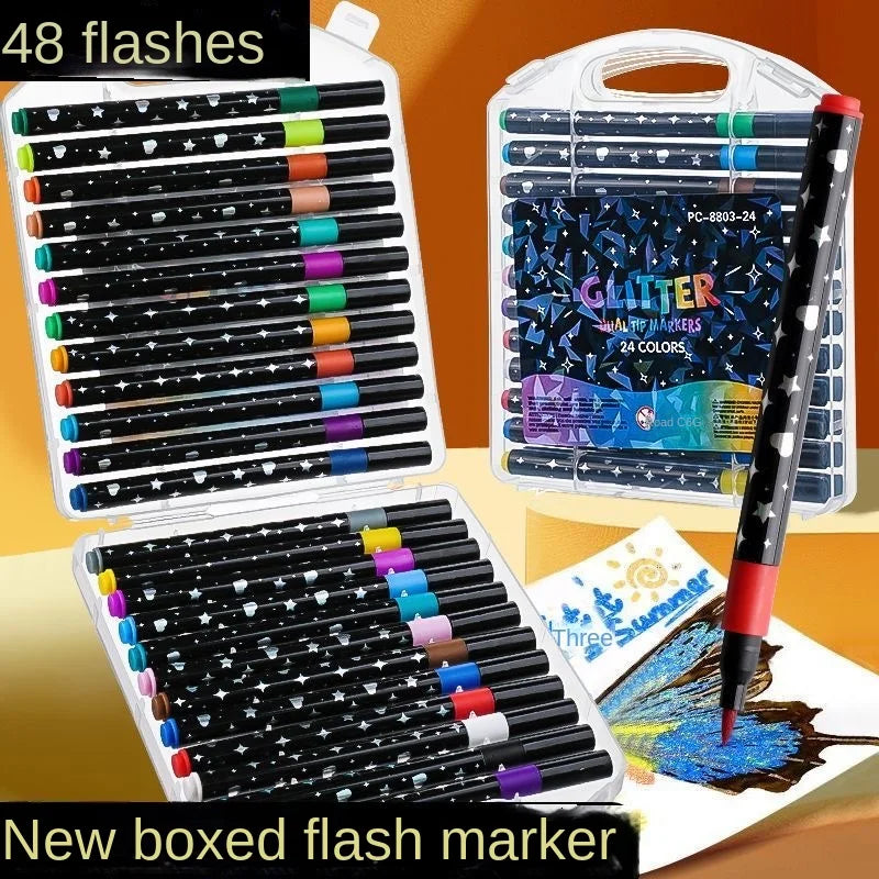 A box of 48 black flash markers with various colored tips, including glitter and metallic finishes.